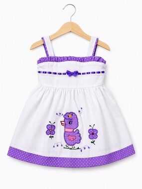 Vintage 80s Purple Chenille Poodle Ribbon Woven Ruffle Sundress 6-9M Polka Dot